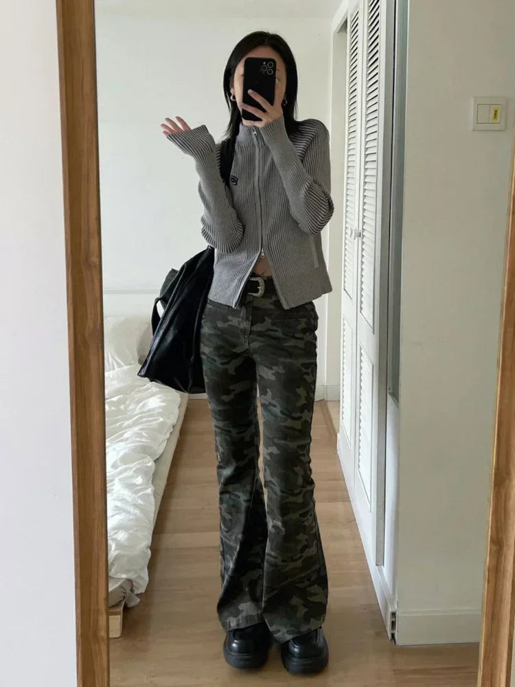 Autumn Double Zip Up Ribbed Cardigan Jackets Women Embroidery Knitted Sweater Slim Stand Collar Y2k Harajuku Grunge Knit