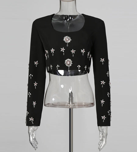 Solid Spliced Bead Lusurious Two Piece Sets for Women O Neck Long Sleeves Top High Waist Split Skirt Set Female New