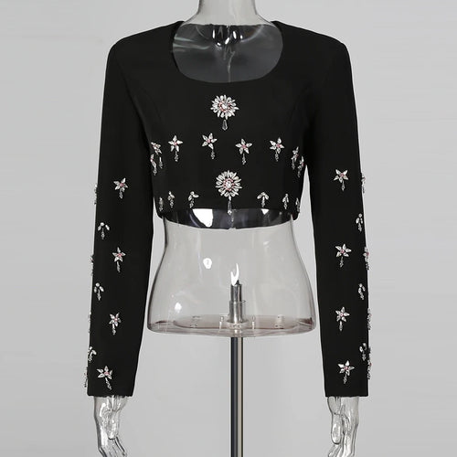 Load image into Gallery viewer, Solid Spliced Bead Lusurious Two Piece Sets for Women O Neck Long Sleeves Top High Waist Split Skirt Set Female New
