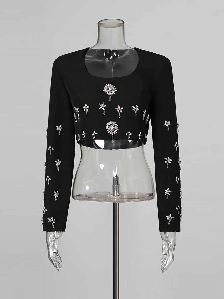 Solid Spliced Bead Lusurious Two Piece Sets for Women O Neck Long Sleeves Top High Waist Split Skirt Set Female New