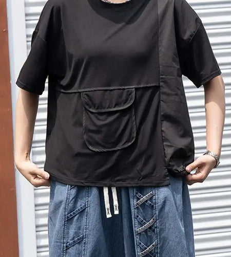 Women Black Pocket Irregular Spliced Big Size T-shirt New Round Neck Short Sleeve Fashion Tide Spring Summer 2025 1DJ0621