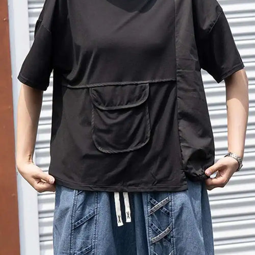 Load image into Gallery viewer, Women Black Pocket Irregular Spliced Big Size T-shirt New Round Neck Short Sleeve Fashion Tide Spring Summer 2025 1DJ0621
