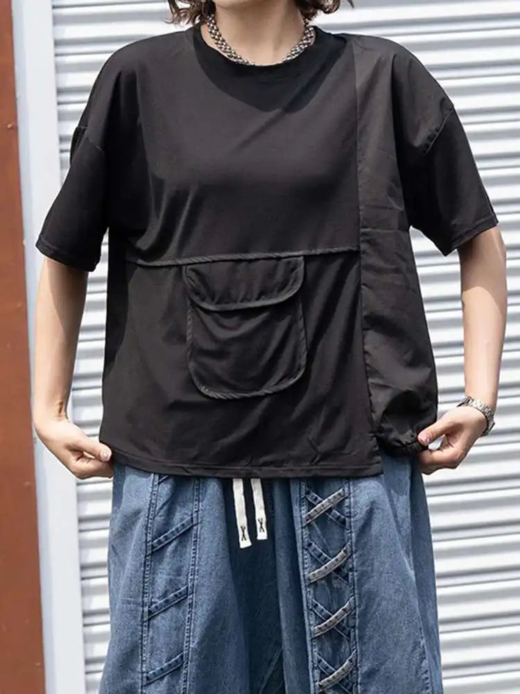 Women Black Pocket Irregular Spliced Big Size T-shirt New Round Neck Short Sleeve Fashion Tide Spring Summer 2025 1DJ0621