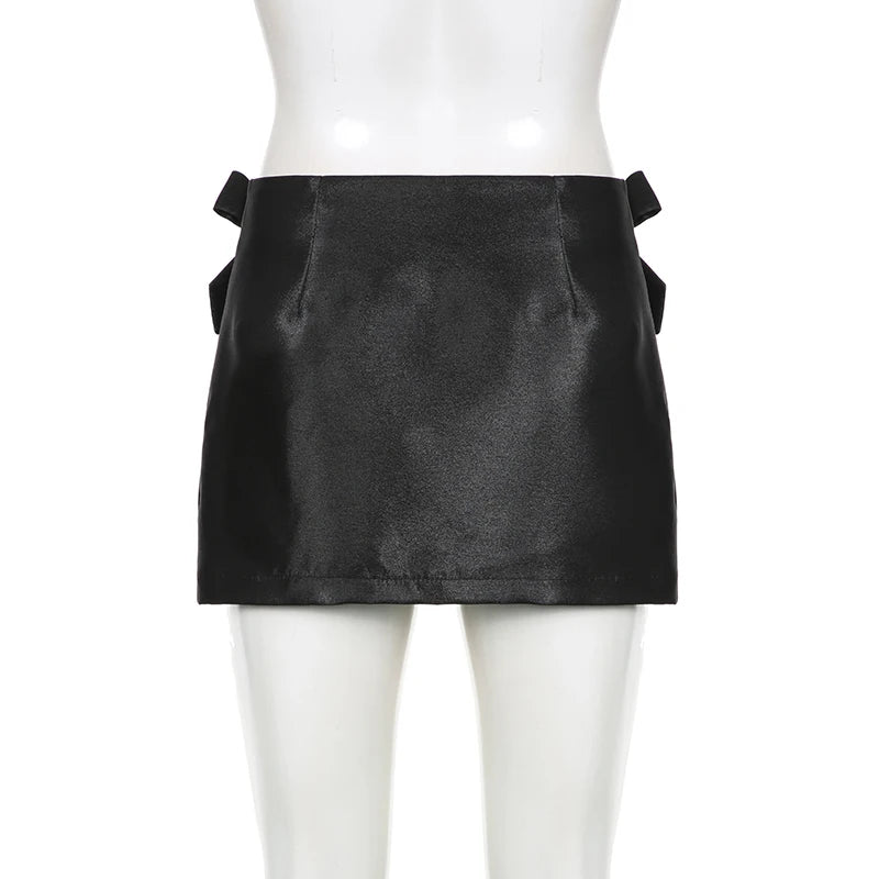Fashion Bow Black Party Skirt Female Solid Coquette Low Waist Streetwear Mini Skirts Elegant Clubwear Summer Bottoms
