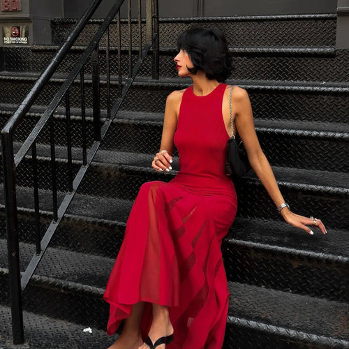 Load image into Gallery viewer, Red Sleeveless Knit Dress For Women Fashion Hollow Out O Neck Pleated Maxi Dress Ladies Solid Beach Party Long Dress
