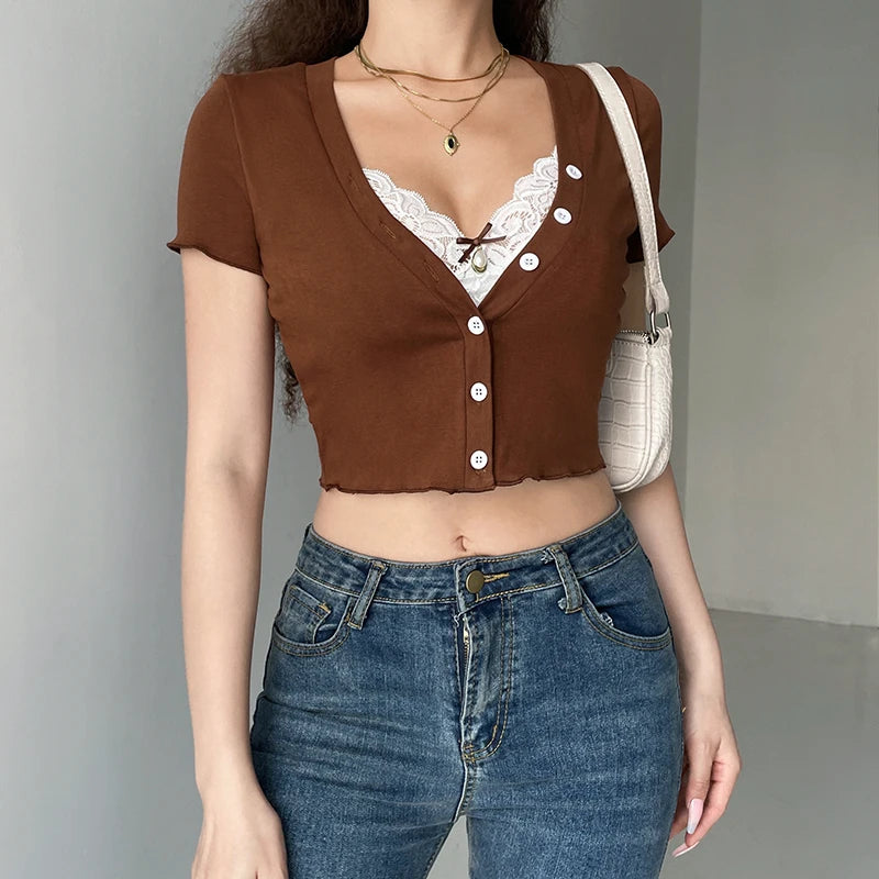 Harajuku V Neck Lace Patchwork Brown Crop Tops Buttons Korean Basic Summer Short Sleeve T shirt Women Korean Tee