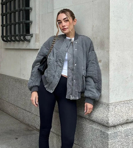Grey Quilted Padded Women Bomber Cotton Coat Single Breasted Stand Collar Vintage Jacket 2023 Autumn Winter Chic Casual Outwears