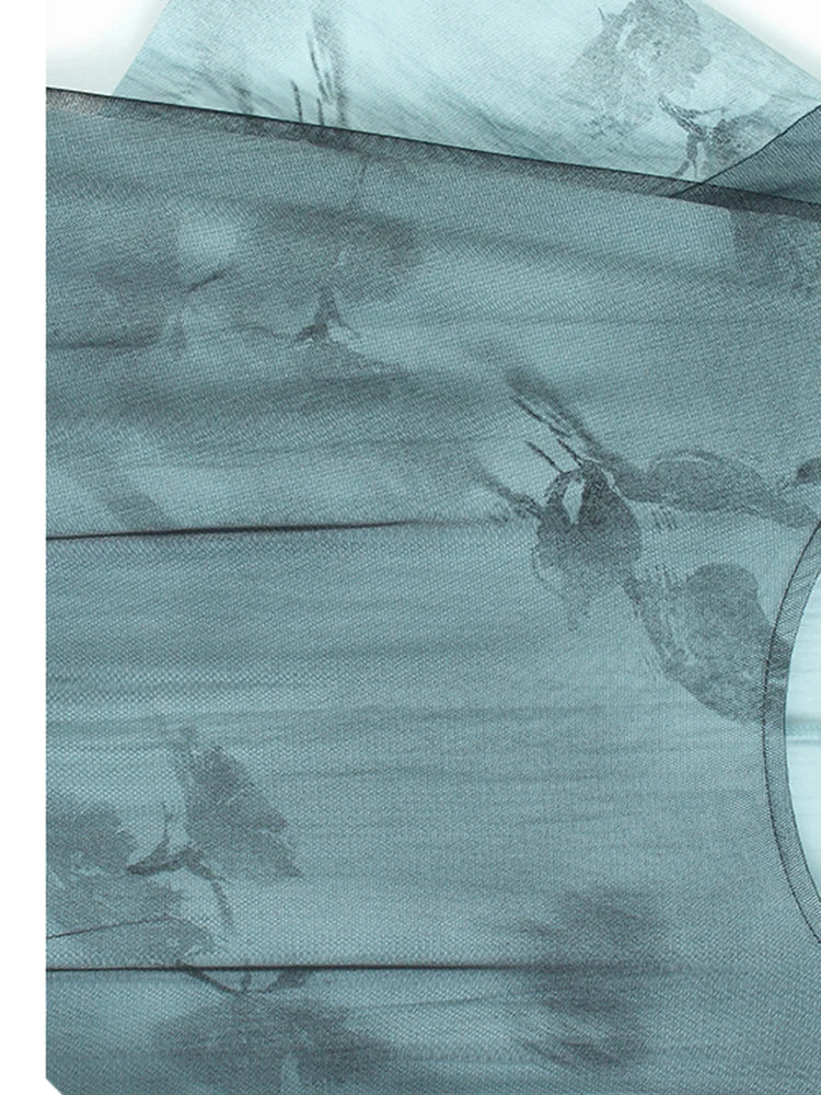 Women Blue Pattern Printed Mesh Big Size Midi Dress New Round Neck Short Sleeve Fashion Tide Spring Summer 2025 1DJ1326