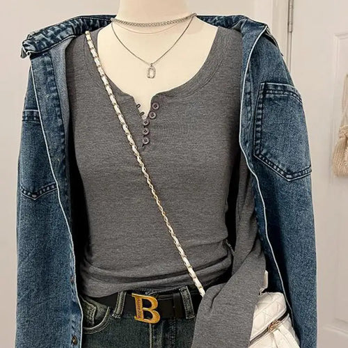 Load image into Gallery viewer, 2024 Autumn Women Gray Button Long Sleeve T Shirt Korean Style Casual Vintage Pink Slim O Neck Beige Pullover Tops Fashion Trend
