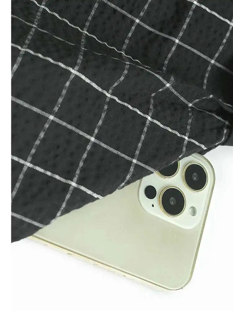 Women Black Plaid Color-block Big Size Midi Dress New Round Neck Short Sleeve Fashion Tide Spring Summer 2025 1DJ0086