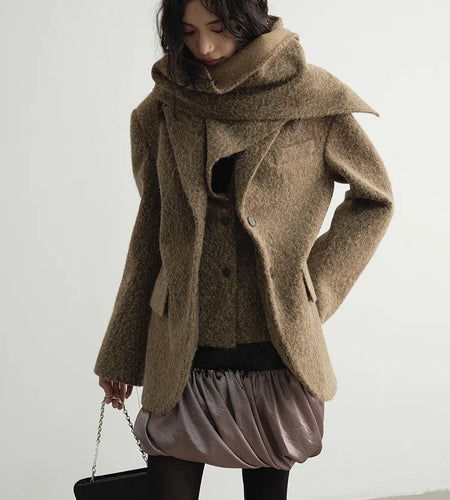 Yellow Elegant Big Size Woolen Coat New Scarf Collar Long Sleeve Women Jacket Fashion Tide Autumn Winter 2025 1DH4052