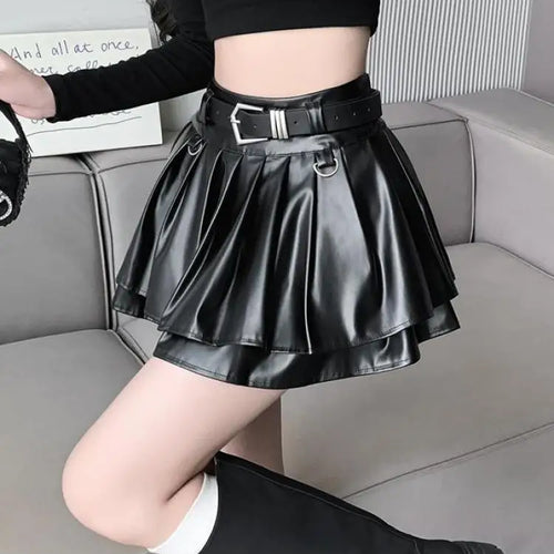 Load image into Gallery viewer, Black With Belt Pleated Pu Leather Ball Gown Skirt Women Autumn Winter 2023 New Silvery High Waist Slim A-line Short Puffy Skirt
