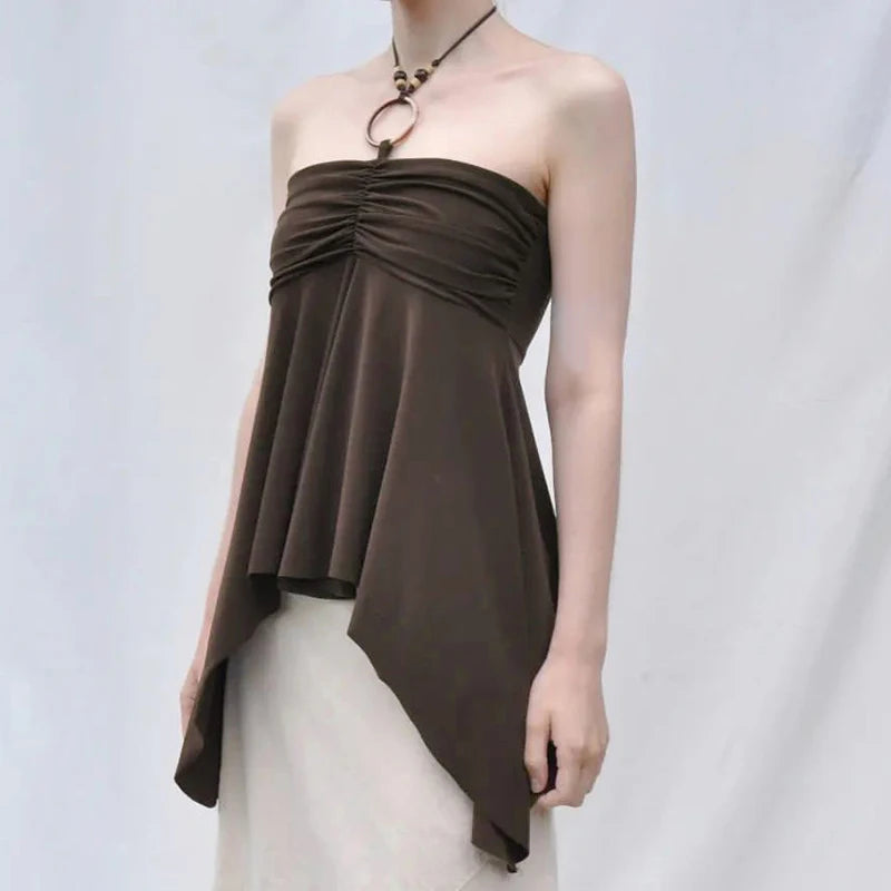 Vintage Brown Folds Halter Top Camisole Irregular Hem Fashion Y2K Ruched Sexy Party Tops Female Ring Off Shoulder Hot