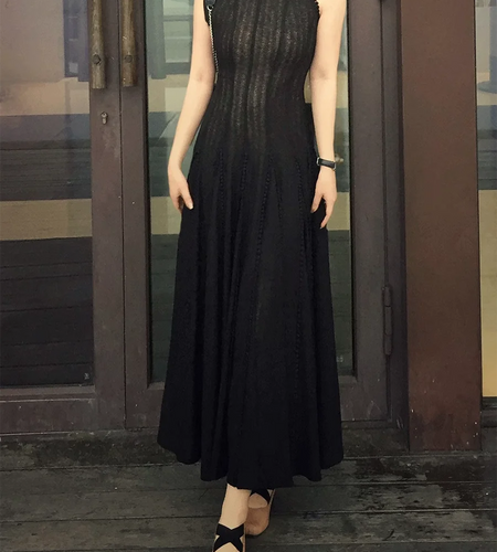 Solid Hollow Out Slimming Dresses For Women O Neck Sleeveless High Waist Temperament Long Dresses  Female Fashion