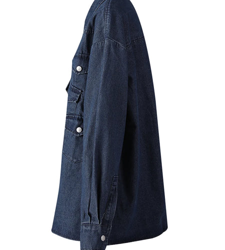 Blue Pockets Denim Big Size Casual Jacket New Lapel Long Sleeve Women Coat Fashion Tide Spring Autumn 2025 12C2135