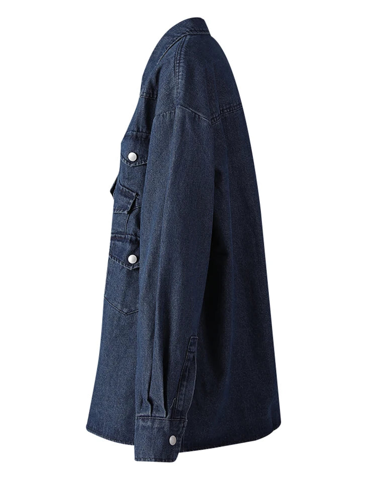 Blue Pockets Denim Big Size Casual Jacket New Lapel Long Sleeve Women Coat Fashion Tide Spring Autumn 2025 12C2135