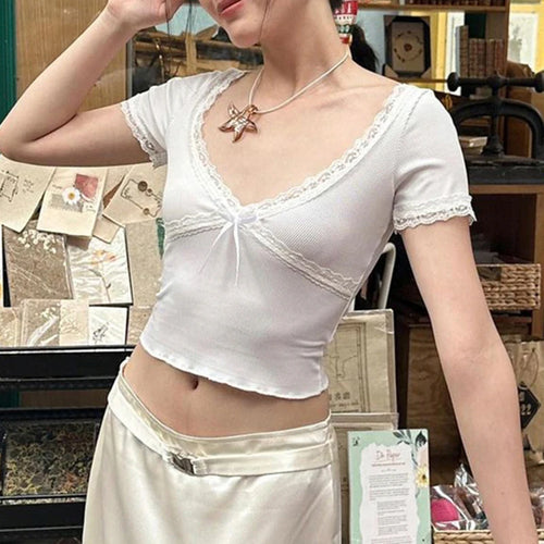 Load image into Gallery viewer, V Neck Lace Trim White Crop Tops Women Knit Summer T-shirts for Women Korean Fashion Cute Slim Tee Shirt y2k Clothes
