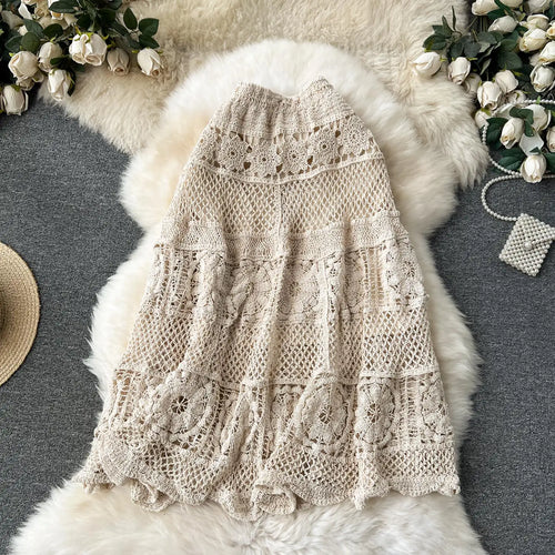 Load image into Gallery viewer, Retro French White Elegant Hook Flower Hollow Elastic High Waist Skirt Women Khaki Vacation Slim Skirts Female Autumn New Trend
