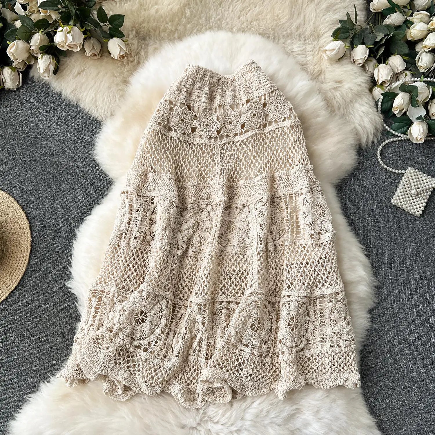 Retro French White Elegant Hook Flower Hollow Elastic High Waist Skirt Women Khaki Vacation Slim Skirts Female Autumn New Trend