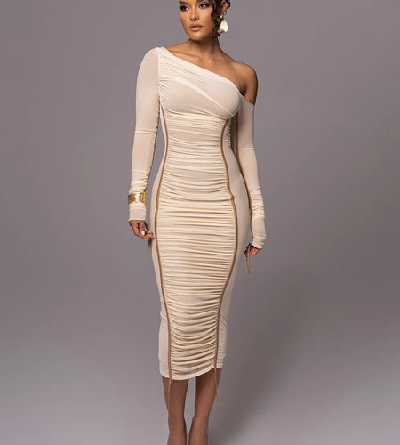 Diagonal Collar Long Sleeve Midi Dress For Women Two Layer Mesh Backless Ruched Bodycon Club Party Sexy Long Dress