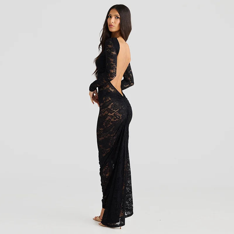 Lace Backless Sexy Maxi Dress For Women Gown Fashion Solid O Neck Long Sleeve Ruched Bodycon Club Long Dress Vestido