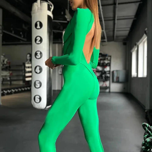 Load image into Gallery viewer, Fashion Long Sleeve Elastic Skinny Jumpsuit For Women Button Hollow Out Open Back Bodysuit Casual Sports Fitness Rompers

