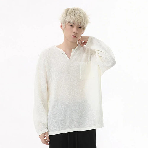 Load image into Gallery viewer, Men's T-shirt Long Sleeve Design Korean Pocket Decoration V-neck Casual Top Thin Loose Male Pullover Clothing 9W1585
