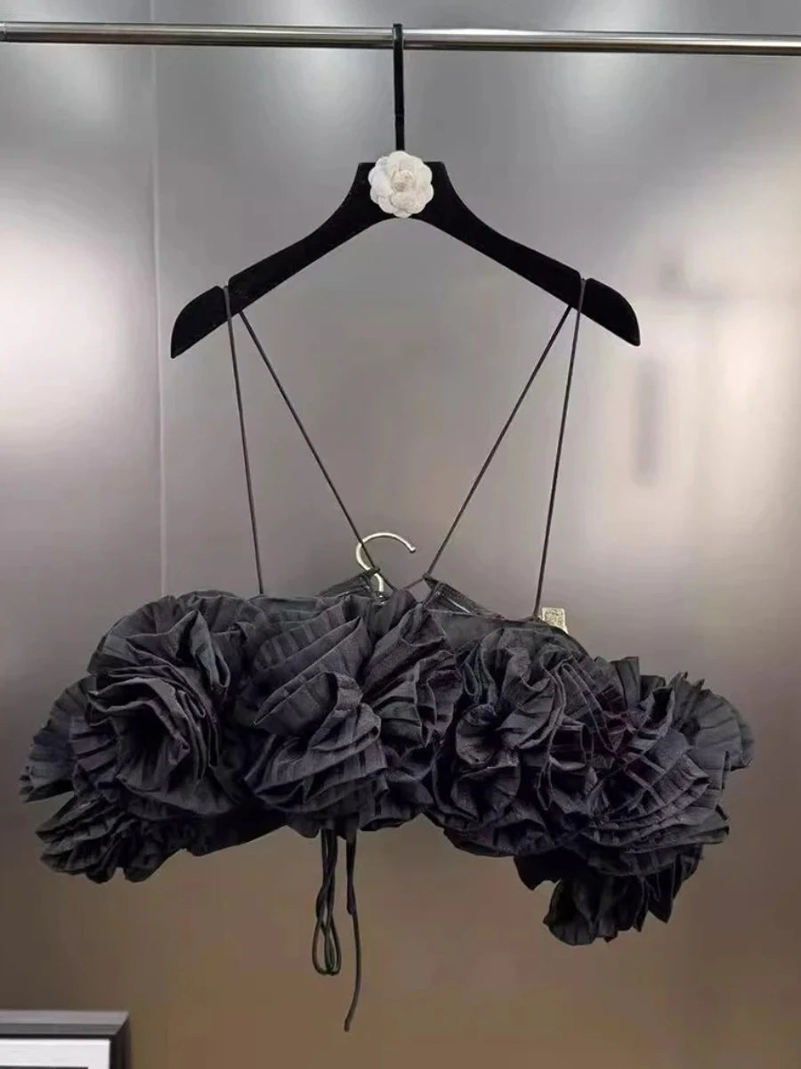 Solid Spliced 3D Flower Temperament Vests for Women Square Neck Off Shoulder Esxy Vest Female Fashion Clothing New