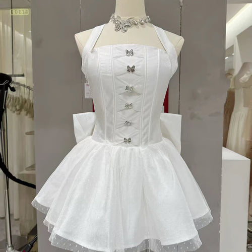 Load image into Gallery viewer, Solid Spliced Bowknot Elegant Mini Dresses for Women Square Neck Sleeveless Patchwork Folds Fashion Dress Female
