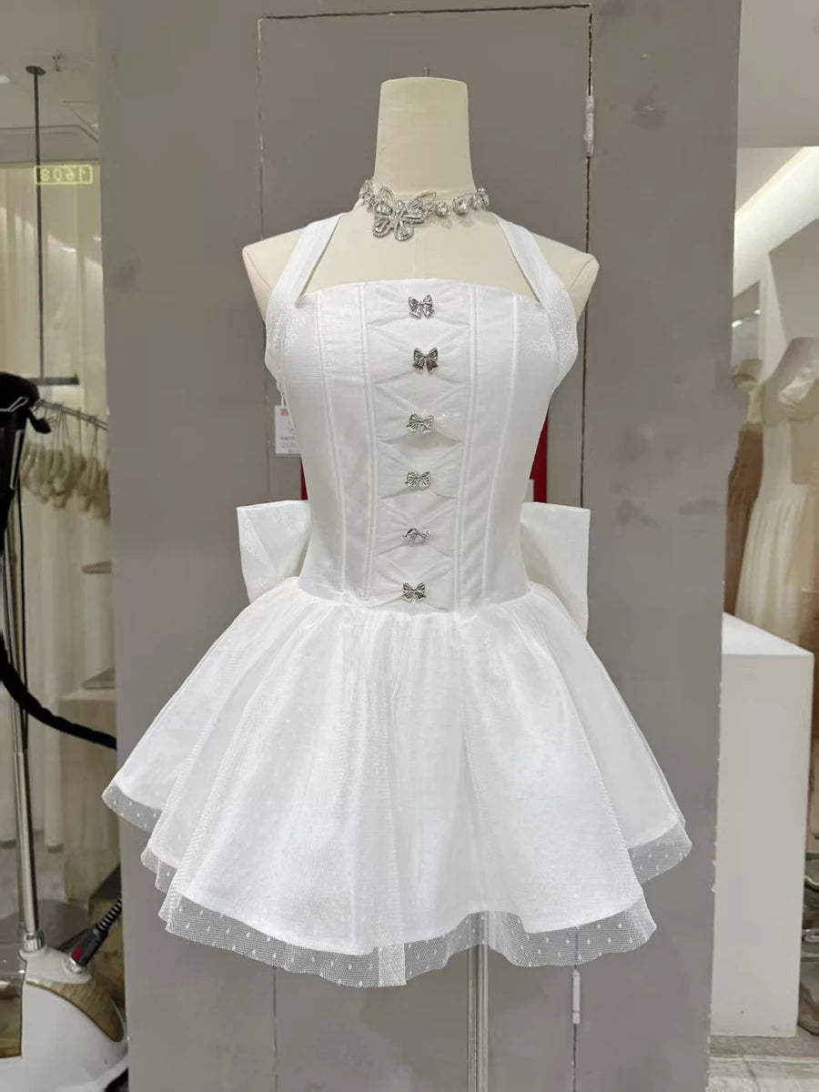 Solid Spliced Bowknot Elegant Mini Dresses for Women Square Neck Sleeveless Patchwork Folds Fashion Dress Female