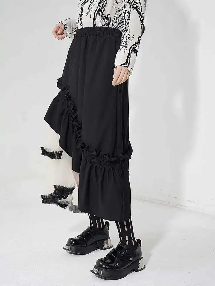 High Elastic Waist Black Irregular Ruffles Mesh A-line Half-body Skirt Women Fashion Tide New Spring Autumn 2025 1DH4926