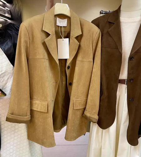Autumn Yellow Elegant Temperament Office Lady Blazer Woman 2024 Brown Fashion Long Sleeve Single Breasted Tops Coat New Clothing