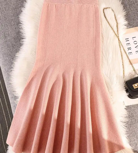 Autumn Winter Black Pleated Knit Fishtail Skirt Women 2023 Fashion Beige Bodycon Mermaid Midi Skirt Pink Elastic High Waist Slim