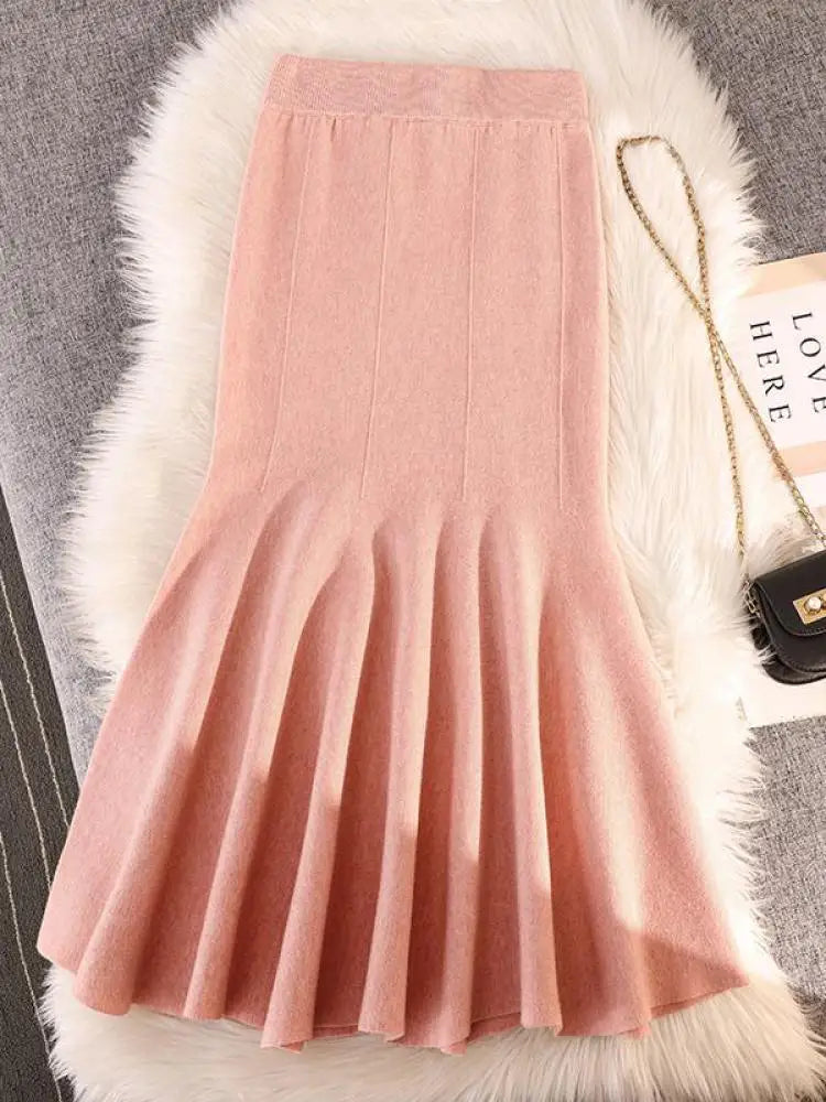Autumn Winter Black Pleated Knit Fishtail Skirt Women 2023 Fashion Beige Bodycon Mermaid Midi Skirt Pink Elastic High Waist Slim