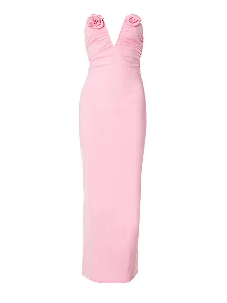 Rose Strapless Sexy Maxi Dress Women Pink Gown Off-shoulder V Neck Backless Sleeveless Bodycon Beach Club Long Dress