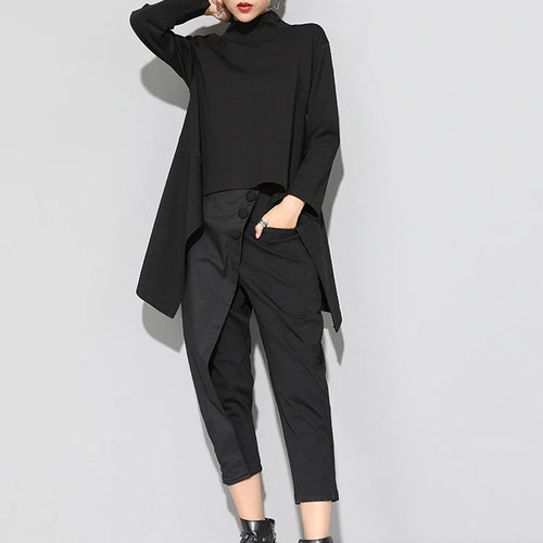Load image into Gallery viewer, Spring Autumn  High Collar Long Sleeve Black Irregular Hem Loose T-shirt Women Fashion Tide All-match JK397
