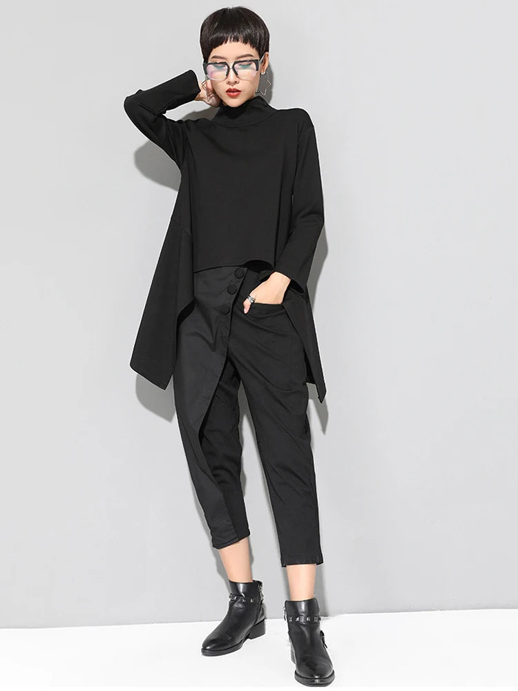 Spring Autumn  High Collar Long Sleeve Black Irregular Hem Loose T-shirt Women Fashion Tide All-match JK397