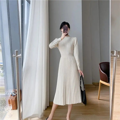 Load image into Gallery viewer, Autumn Lady Fashion Black Half High Collar Knit Long Dress White Temperament Long Sleeve Elegant Ladies Pink Evening Party Dress
