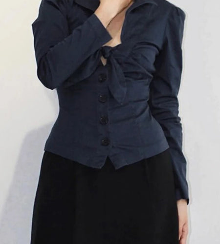 Y2k Aesthetic Women Sexy Cropped Blouse 2025 Solid Single Breasted Slim Fit Grunge Shirt Harajuku Pleated Bow Streetwear Blouses