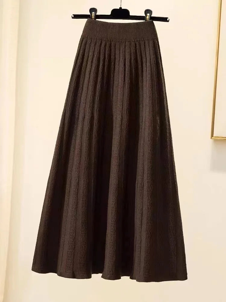 Autumn Winter New Elegant Slim Elastic High Waist A-line Skirt Solid Holiday Striped Big Swing Knitted Skirts Women Popular