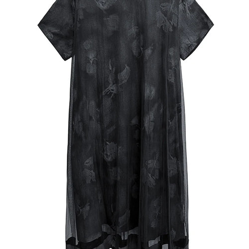 Load image into Gallery viewer, Women Black Printed Mesh Spliced Big Size Midi Dress New Round Neck Short Sleeve Fashion Tide Spring Summer 2025 1DJ0850

