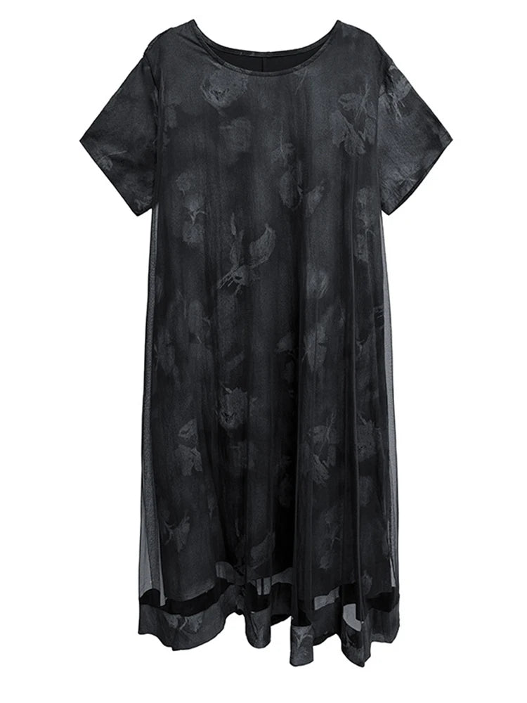 Women Black Printed Mesh Spliced Big Size Midi Dress New Round Neck Short Sleeve Fashion Tide Spring Summer 2025 1DJ0850