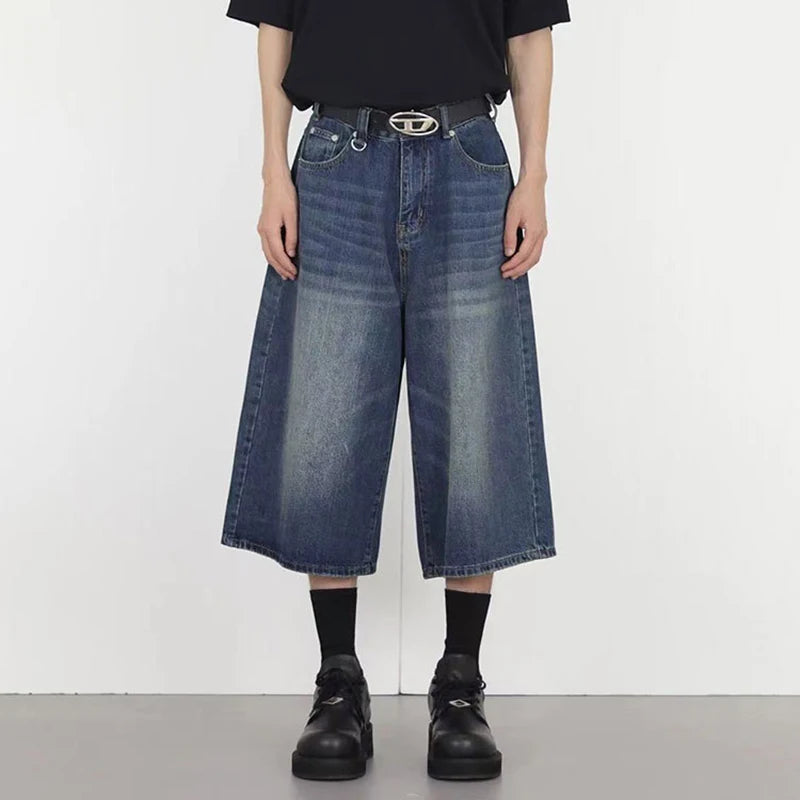 Men's Denim Shorts New Summer Washed Loose Straight Leg Pants New American Solid Color Style Male Bottoms 2025 9W1490