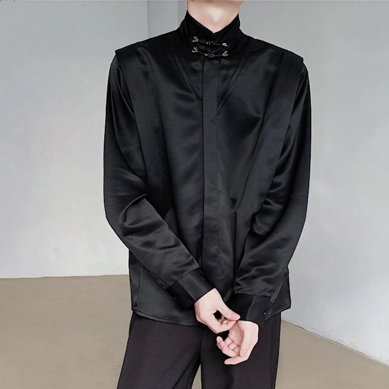 Chinese Style Men's Shirt Knot Button Stand Collar Long Sleeve 2025 Spring New Fashion Versatile Solid Color Clothing C5882