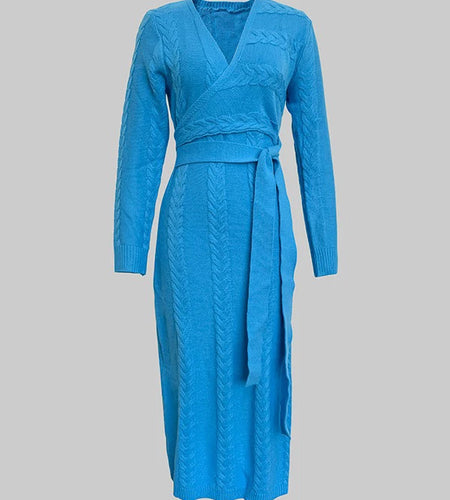 Fall Women’s Blue Stretch Knit Bodycon Midi Dress Business Casual Outfits Long Sleeves Sweater Belt Dresses Woman