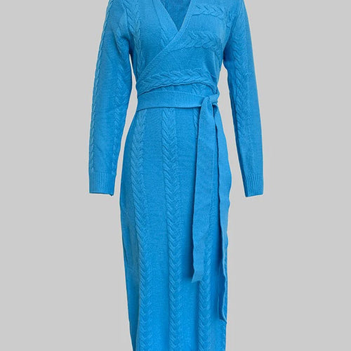 Load image into Gallery viewer, Fall Women’s Blue Stretch Knit Bodycon Midi Dress Business Casual Outfits Long Sleeves Sweater Belt Dresses Woman
