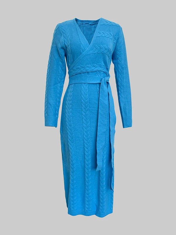 Fall Women’s Blue Stretch Knit Bodycon Midi Dress Business Casual Outfits Long Sleeves Sweater Belt Dresses Woman