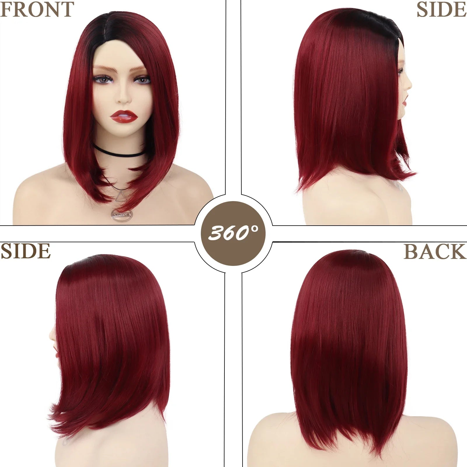 Synthetic Short Bob Wig for White Women Straight Hair Wine Red Wig Black Dark Color Hairline Quality Cosplay Wig Female