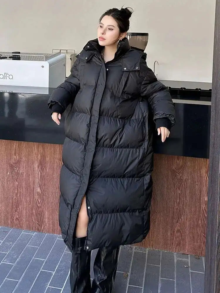 Black Thick Long Warm Big Size Hooded Cotton-padded Coat Long Sleeve Women Parkas Fashion New Autumn Winter 2025 1DH8321