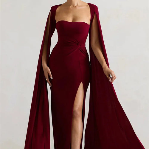 Load image into Gallery viewer, Long Cape Sleeve Split Maxi Dress For Women Gown Fashion Solid Square Collar Evening Sexy Long Dress Elegant New
